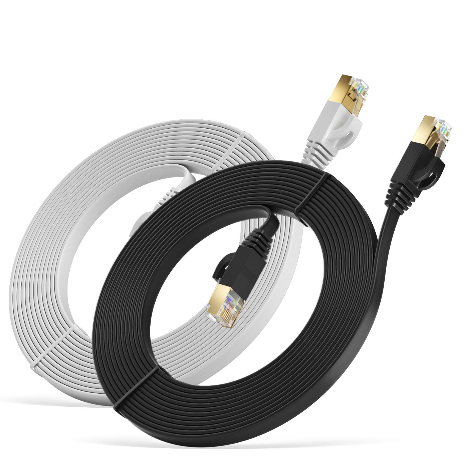 MutecPower 5m 2 Pack ULTRA FLAT Cat 7 Ethernet Network Cable with RJ45 plugs - SSTP - 600MHz - 5 meter Black and White with Cable ties & clips