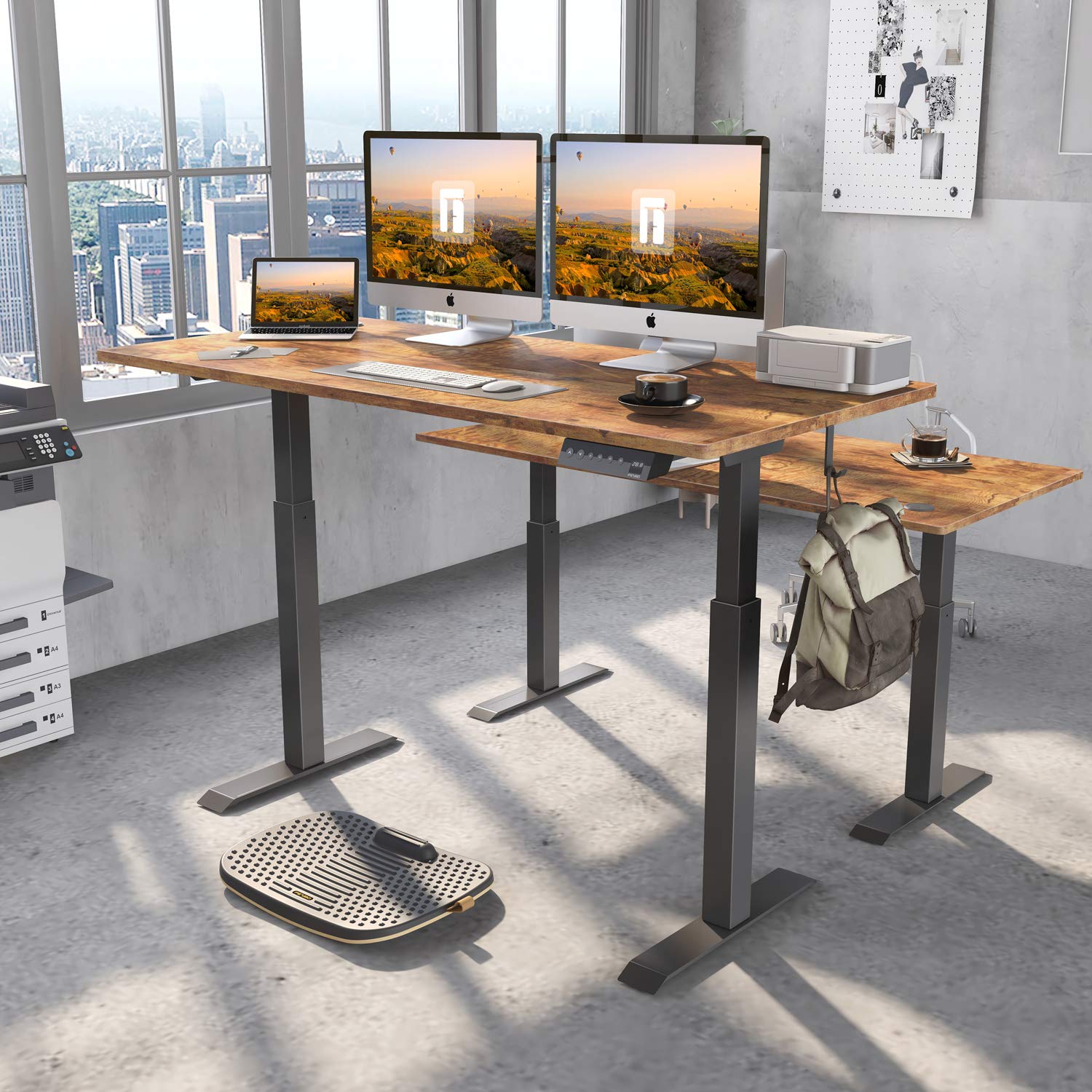FEZIBO Electric Height Adjustable Standing Desk, 63 x 24 Inches Splice Board, Black Frame/Rustic Brown Top