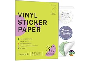 XFVEIWOO 30 Sheets Premium Printable Vinyl Sticker Paper for Inkjet Printers Matte White 8.5x11 Inch Waterproof & Vibrant Colours Retains Ink Well Tear Resistant Great for Cutting Machines