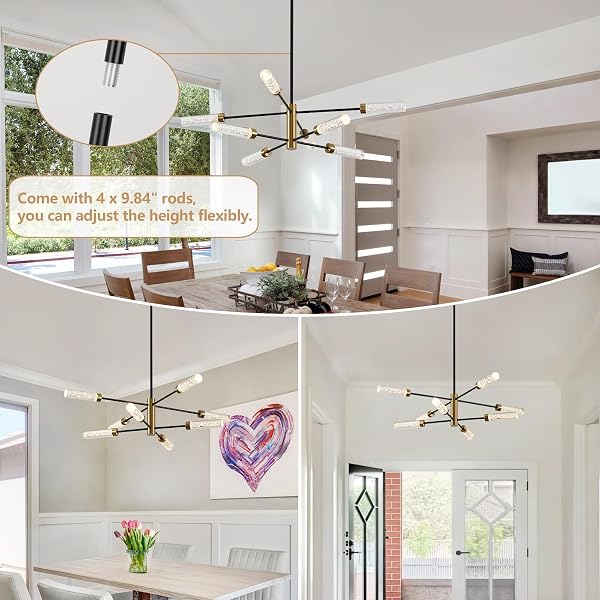 SGLFARMTY LED SPUTNIK CHANDELIER, 8-LIGHT MODERN PENDANT LIGHT,MID CENTURY BLACK GOLD CEILING CHANDELIERS, HEIGHT ADJUSTABLE CRYSTAL HANGING LIGHT FOR DINING ROOM, LIVING ROOM, BEDROOM