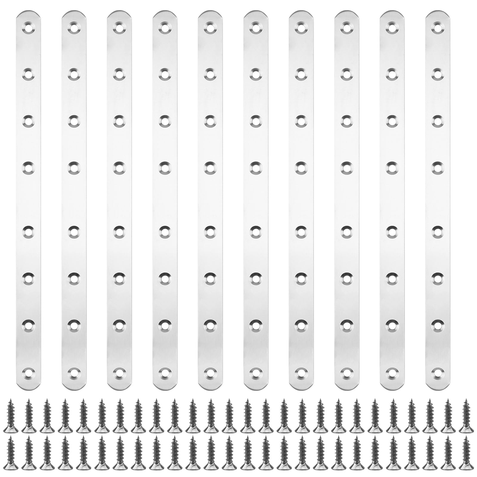 NAMYEUT Pack of 10 293 x 19 mm Flat Connector Stainless Steel Perforated Plates, Metal Flat Plate Bracket Metal Connector Hole Plate Wood Connector Connection Plate with 80 Screws for Furniture