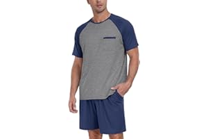 PrinStory Mens Pajama Set Summer Pjs Sleepwear Nightwear Lightweight Quick Dry Soft Short Sleeve Pjs Sleep Set With Pocket