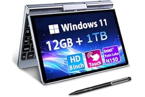 Mini Laptop 8" 2-in-1, Laptop Computer Win 11, Intel N150(up to 3.6GHz), 12GB RAM 512GB SSD, Touchscreen HD, Backlit Keyboard