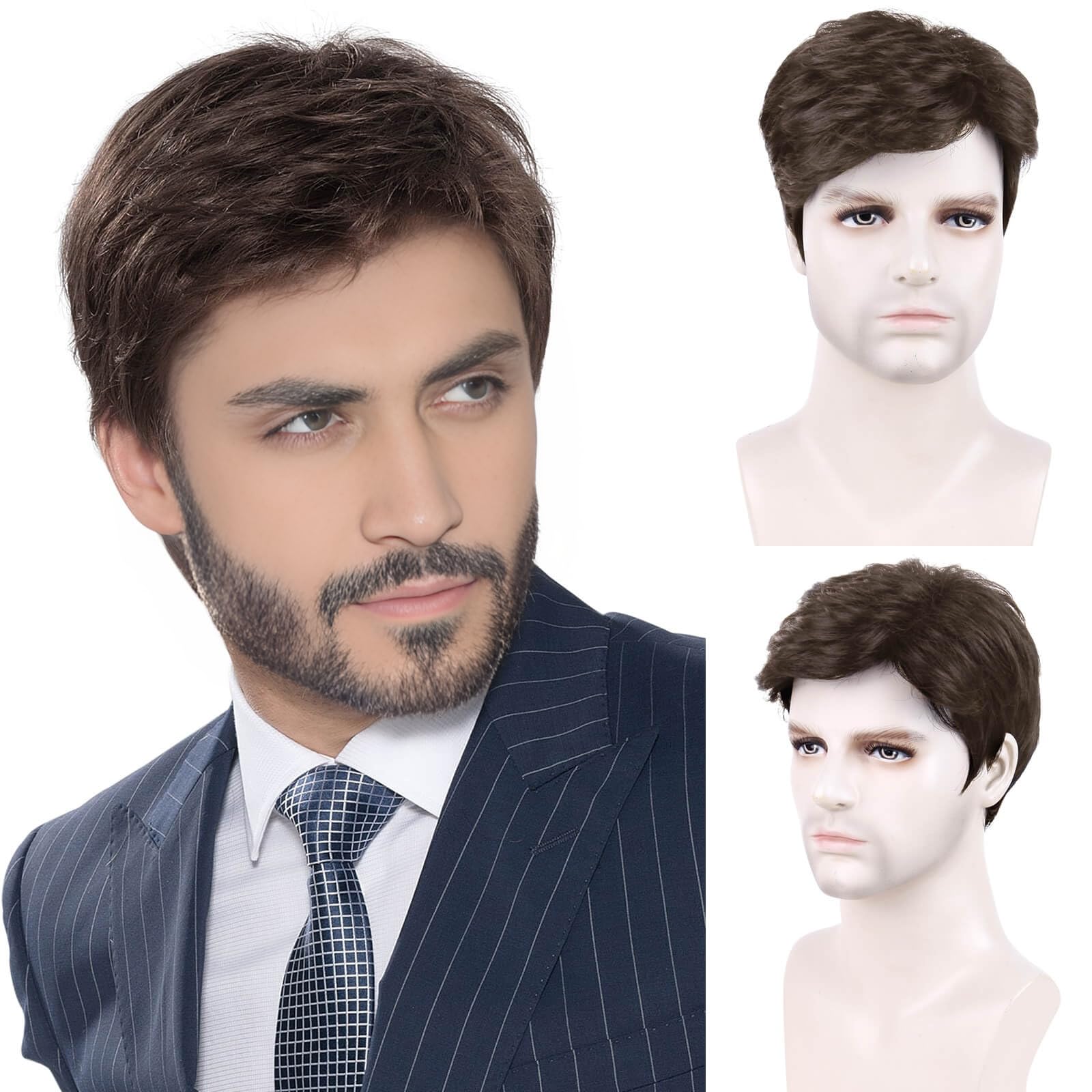 BECUS Short Brown Wig for Men Wigs Side Part Curly Synthetic Hair for Daily Wear Halloween (Brown)