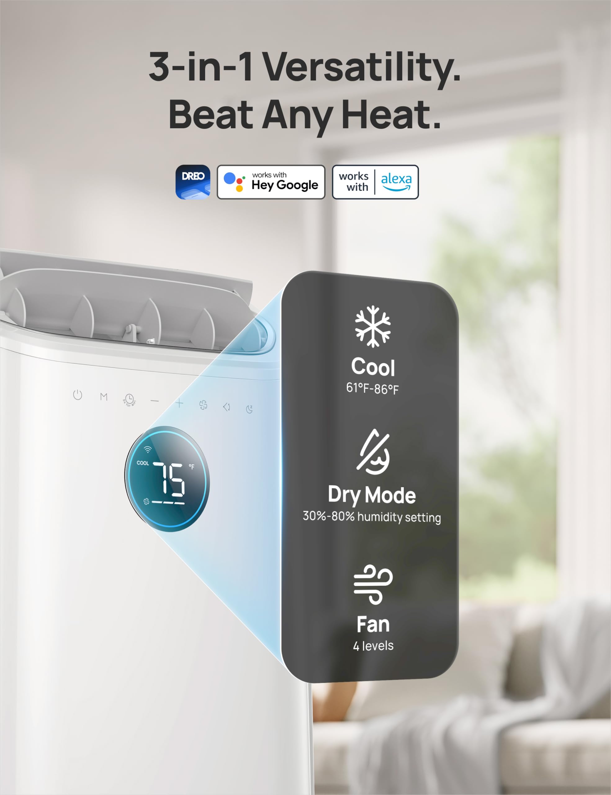 Dreo Portable Air Conditioners, 12000 BTU ASHRAE (8000 BTU DOE) Smart AC Unit for Room with Drainage-free Cooling, APP/Voice/Remote, Fan & Dehumidifier, Quiet Standing AC for Bedroom, AC515S New