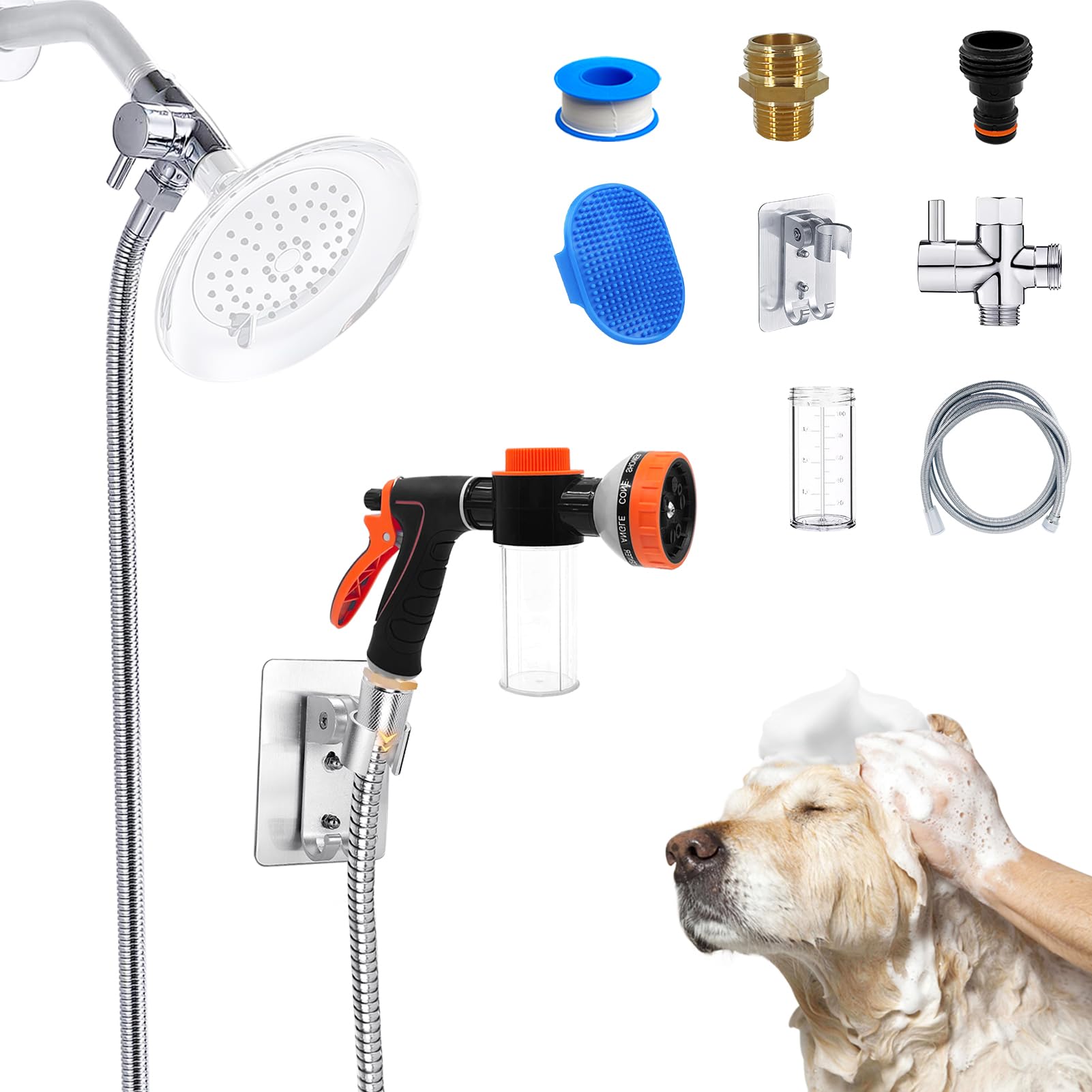 Photo 1 of Dog Shower Attachment Water Hose Nozzle Sprayer Set with Metal 3-Way Shower Diverter & 6.6 Ft Long Hose for Bathroom Shower Arm Easy Indoor Outdoor Pet Pup Dog Washing Hose attachment