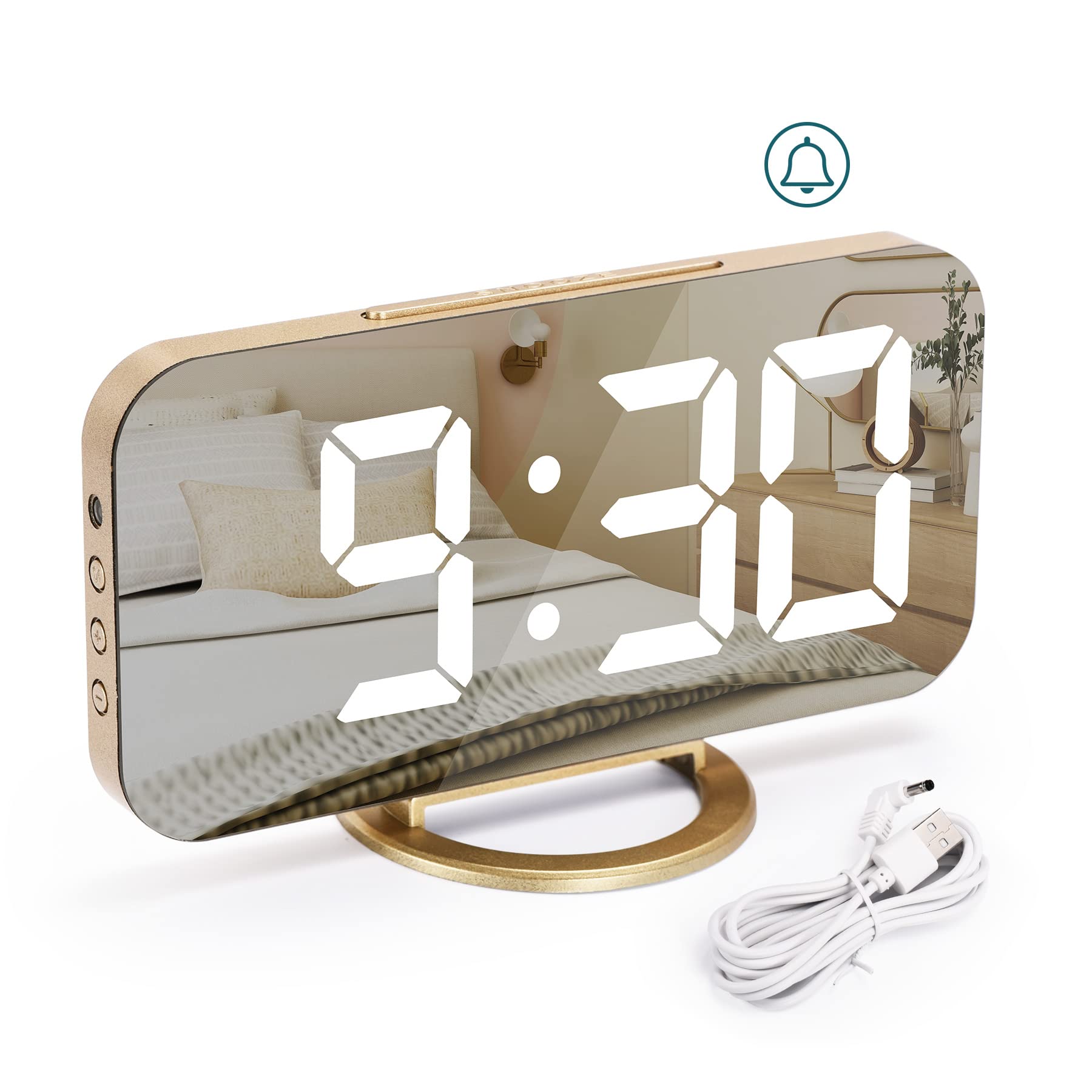 Digital Mirror Alarm Clock with Dimmable LED Display - Non Ticking, Snooze, 3 Dimmer Modes - USB Powered for Home Bedroom Decor - Gold