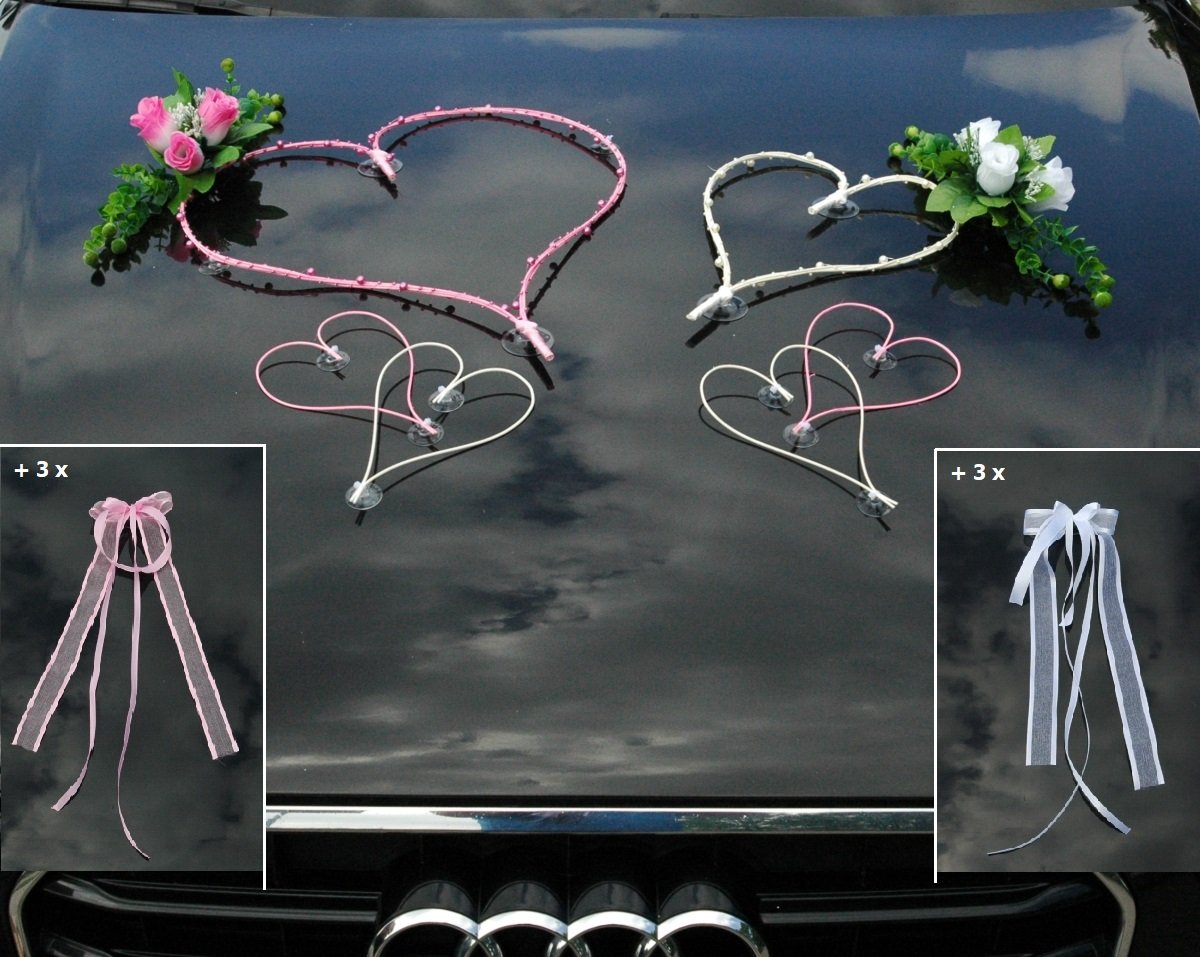 Top Hearts Car Jewellery Bride Couple Rose Decoration Car Decoration Wedding Car Wedding Decoration Car (Large Pink/White)