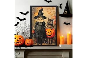 Xizondidi Halloween Wall Decor,Halloween Decorations for Home,Wall Art Prints Including Wooden Frame,Spooky Girl Pumpkin Black Cat Art Poster for Living Room Bedroom Home Decoration