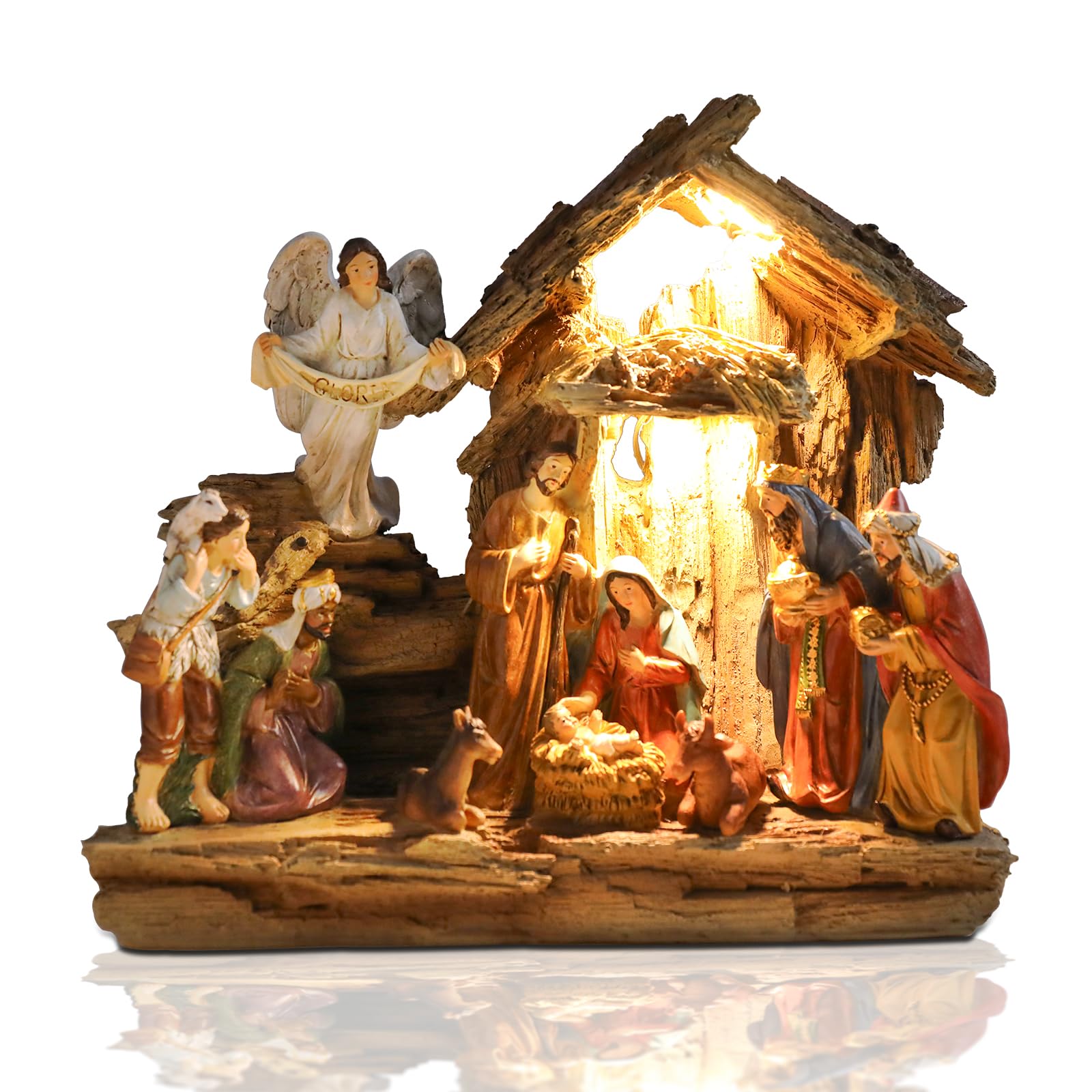 Photo 1 of Yinns 9.8 Inch Christmas Nativity Sets, Light Up Nativity Scene Indoor, Manger Nativity Scene Figures Set Holy Family Christmas Tabletop Decotation