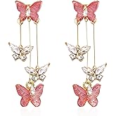 Peasimy Violet Butterfly Tassel Stud Earrings for Women Long Butterfly Crystal Rhinestone Drop Dangle Earrings Wedding Jewelry Gifts