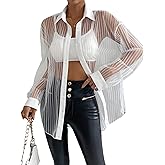 Milumia Women Sexy Oversized Sheer Button Up Blouse Shirt Long Sleeve See Through Mesh Top