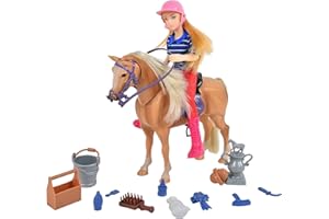 Sunny Days Entertainment Palomino Horse with Rider - Playset with 14 Realistic Grooming Accessories and Sounds | Blonde Doll in Riding Outfit | Horse Toys for Girls and Boys - Blue Ribbon Champions