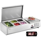 VEVOR Refrigerated Condiment Prep Station, 120W Countertop, One 1/3 Pan and Four 1/6 Pans, 304 Stainless Steel Body, PC Lid, Sandwich Prep Table with Steel Guard