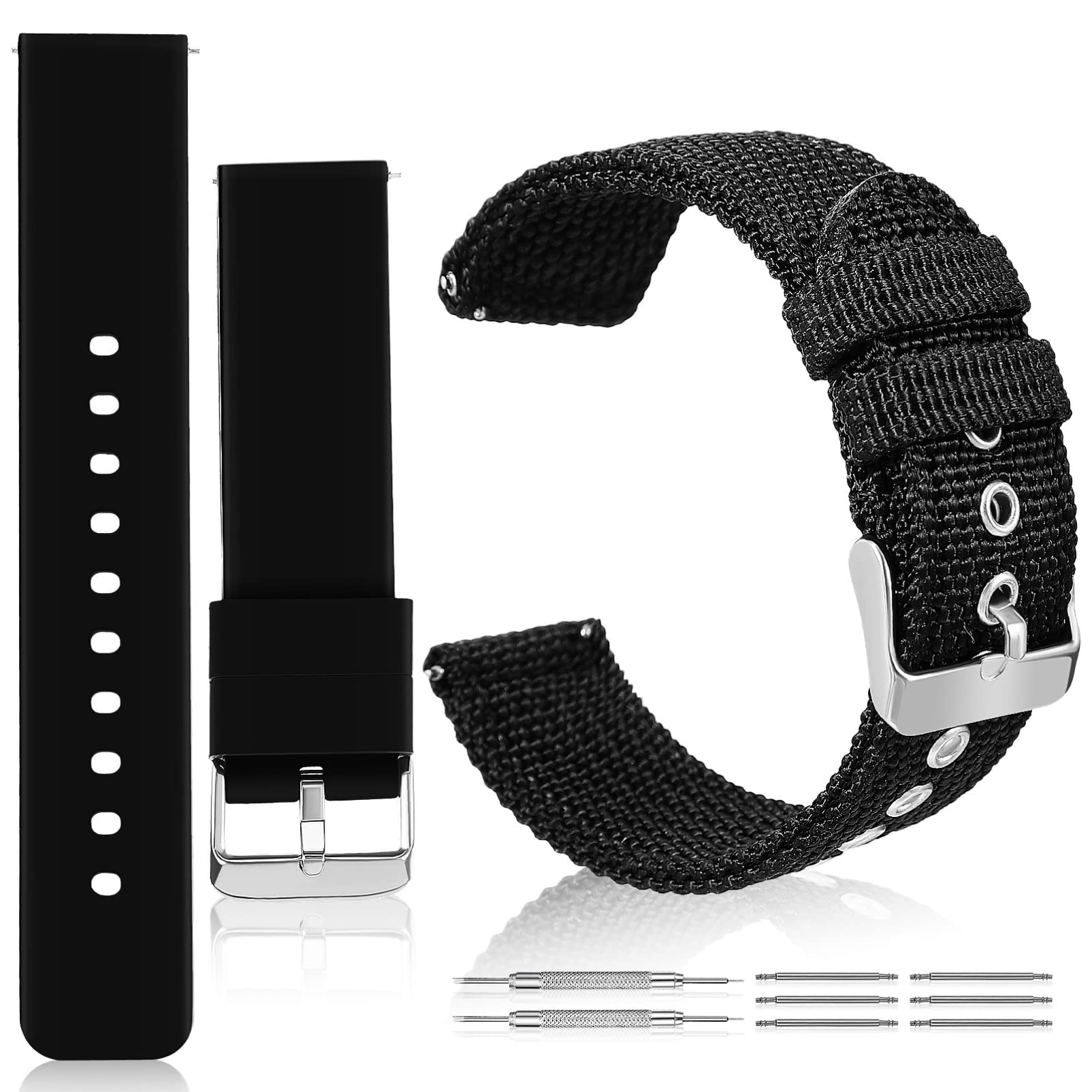 Hemobllo Quick Release Watch Strap, 20mm Nylon and Silicone Replacement Watch Band Adjustable Watch Bracelet Straps Breathable Watch Wristbands for Men Women (Black,2pcs)
