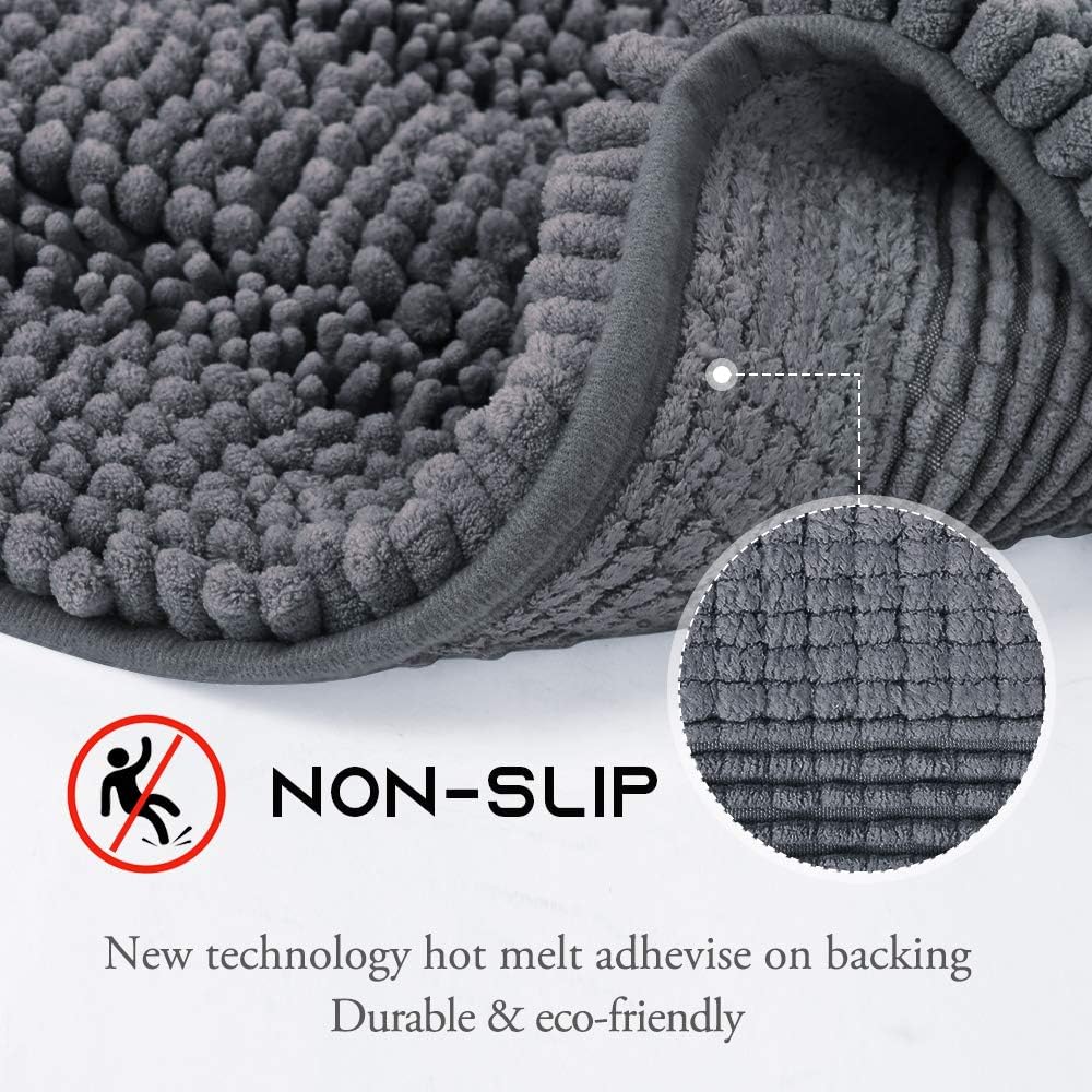 NICETOWN Grey Bath Rugs, Extra Thick Bath Rugs for Bathroom, Anti-Slip Soft Plush Chenille Shaggy Bath Mats, Living Room Bedroom Mats, Water Absorbent Floor Carpets (20 x 32 Plus 17 x 24): Home & Kitchen