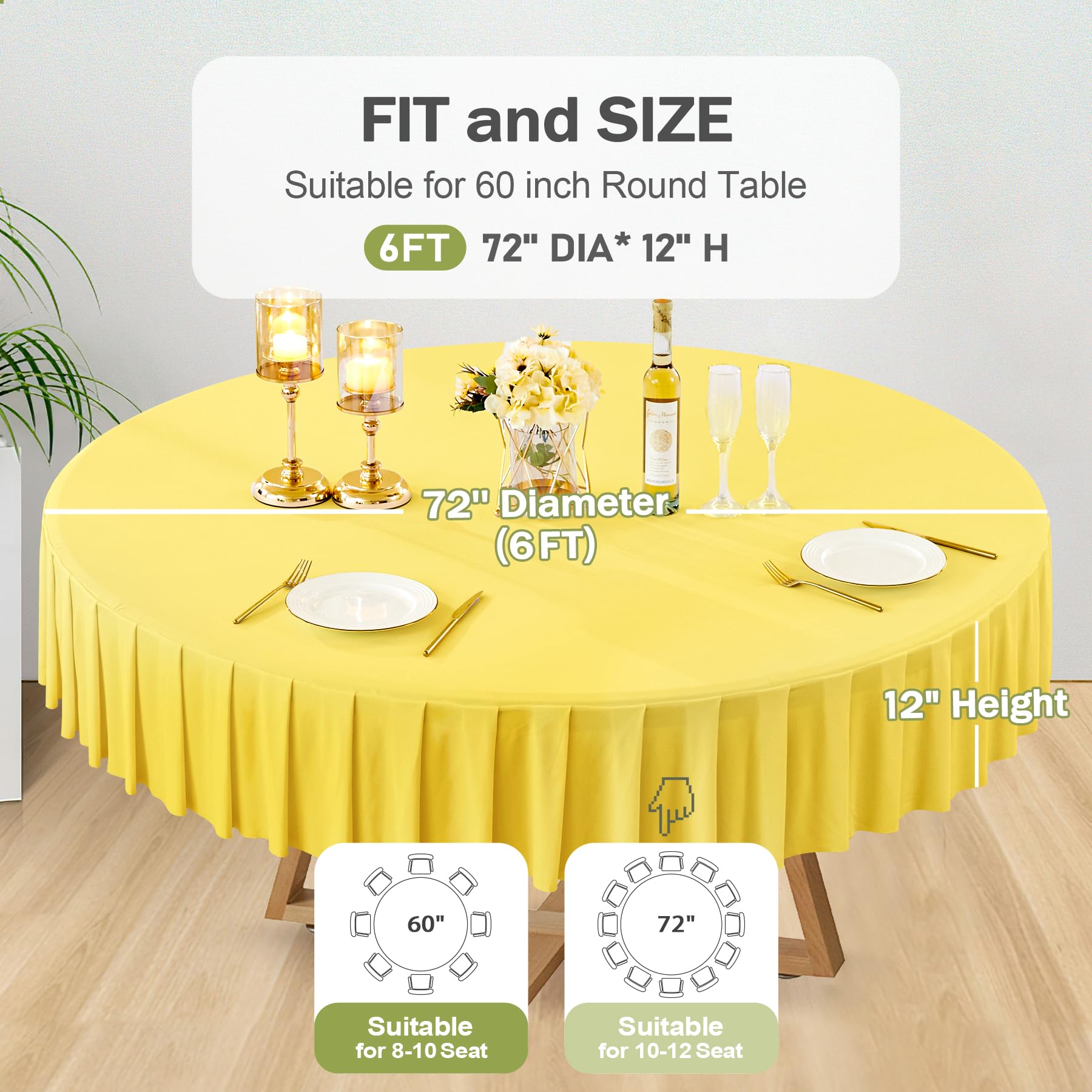 2 Pack Yellow Round Spandex Tablecloth for 72 inch Table, Wrinkle Free Stretchy 120inch Fitted 6FT Round Table Cloths Cover with Skirt for Wedding Birthday Party Dining Banquet Events