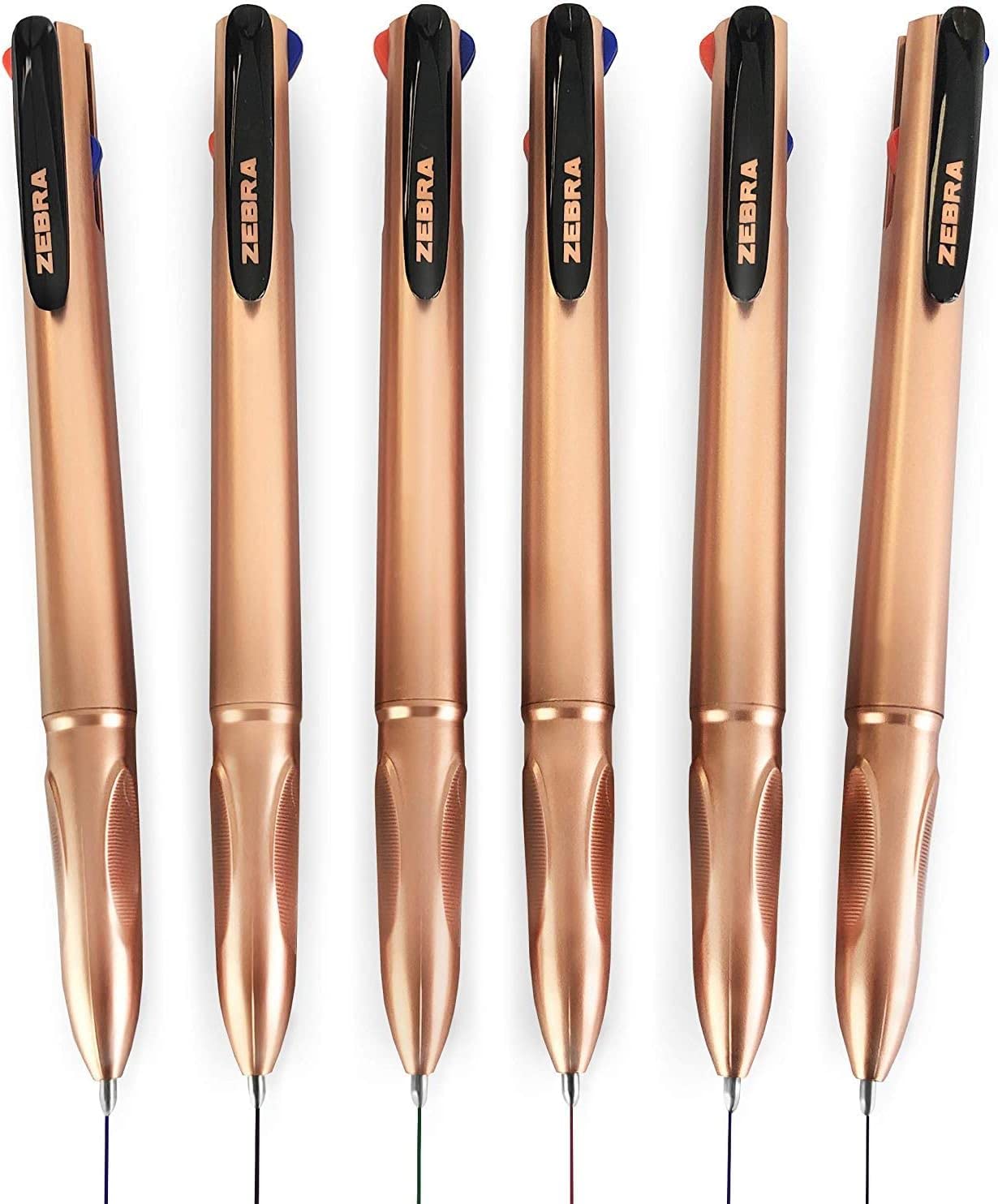 Zebra - Z-Grip Elegance 4 in 1 Colours Retractable Ballpoint Pen - 1.0mm - Rose Gold Barrel - Black, Blue, Red, Green - Pack of 6