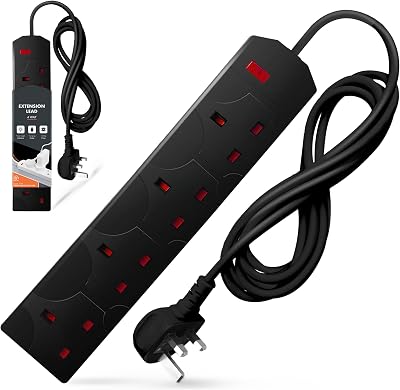 Wolf Power 4 Way Extension Lead 2m UK Plug Wall Mountable Black