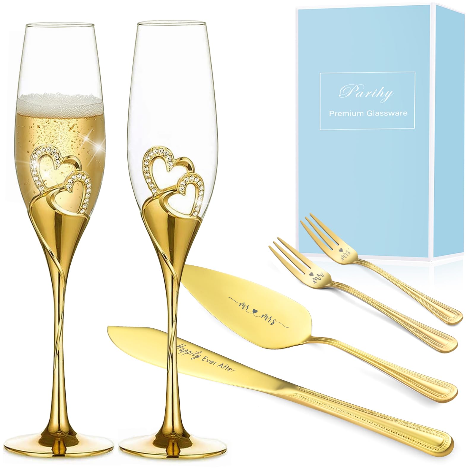 Photo 1 of Parihy Gold Wedding Cake Knife and Server Set, Wedding Champagne Flutes, Engagement Gifts Toasting Glasses for Couple Bride and Groom, Cake Cutting Set of 4