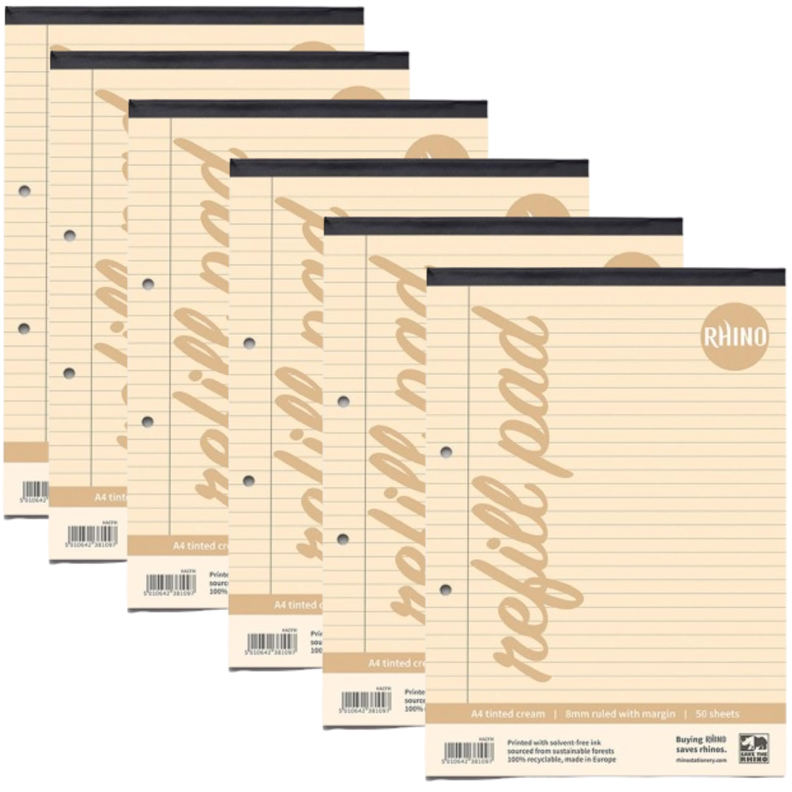 RHINO A4 Refill Pad, Writing Pad, 100 Page / 8mm Lined with Margin, 6 Pack, Cream Lined Writing Paper for Dyslexia & SEN, Office & School Stationery Supplies