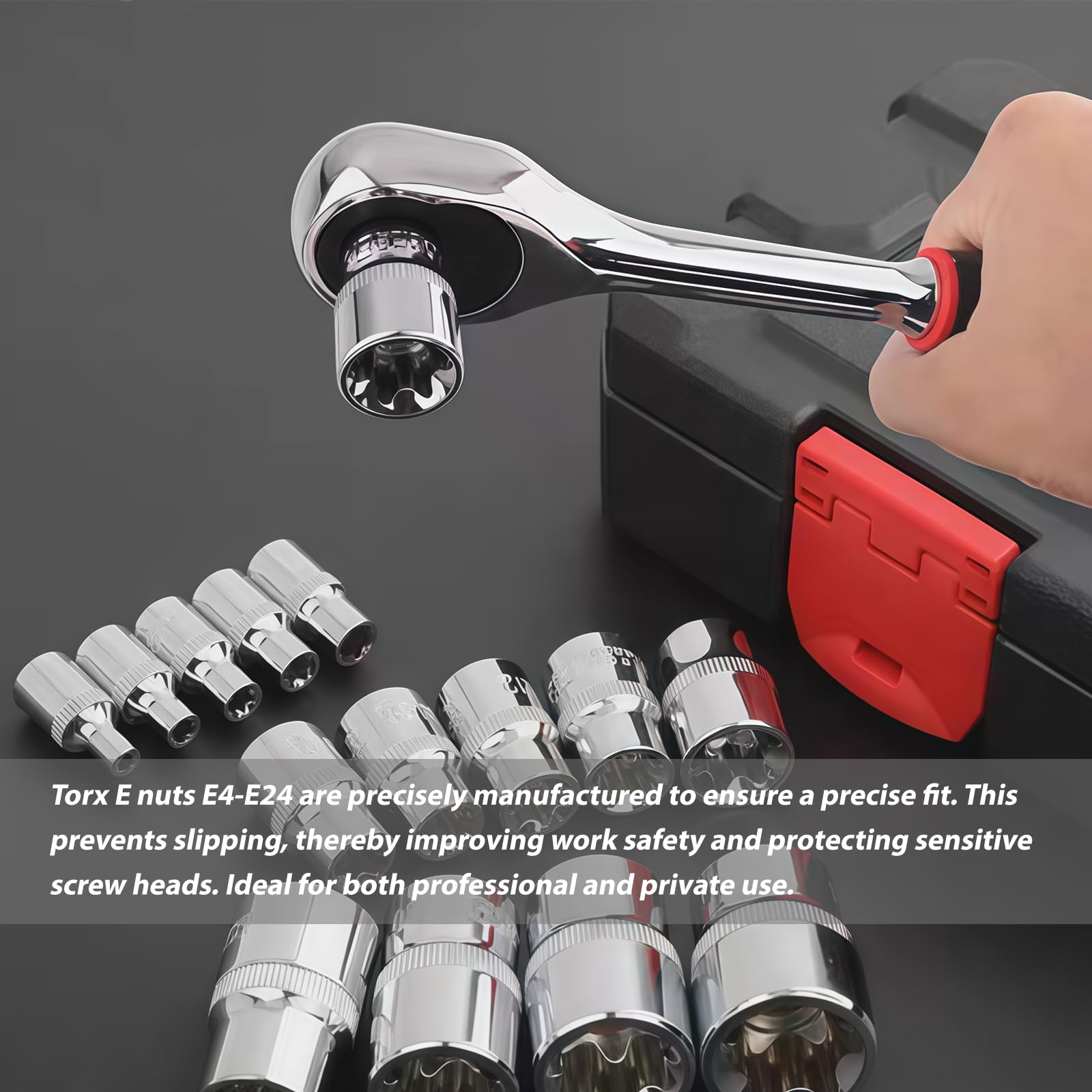 LEKEFETO 14-Teiliges Außen Torx Steckschlüssel Set 1/2'', 1/4'', 3/8'', Torx E Nüsse E4-E24 aus CR-V, Schraubenausdreher Satz, Muttern Entferner Set, Spiral-Profil-Steckschlüssel-Satz Bolzen Extraktor 4