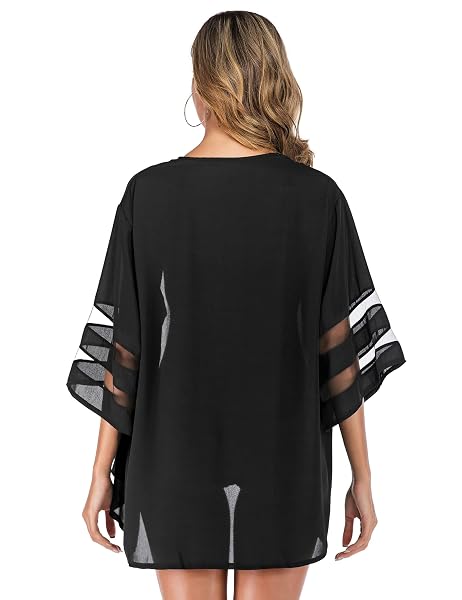 YNIMIOAOX WOMEN’S 3/4 SLEEVE FLORAL KIMONO CARDIGAN, SHEER LOOSE CAPES, CASUAL BLOUSE TOPS,M16-PURE BLACK,X-LARGE