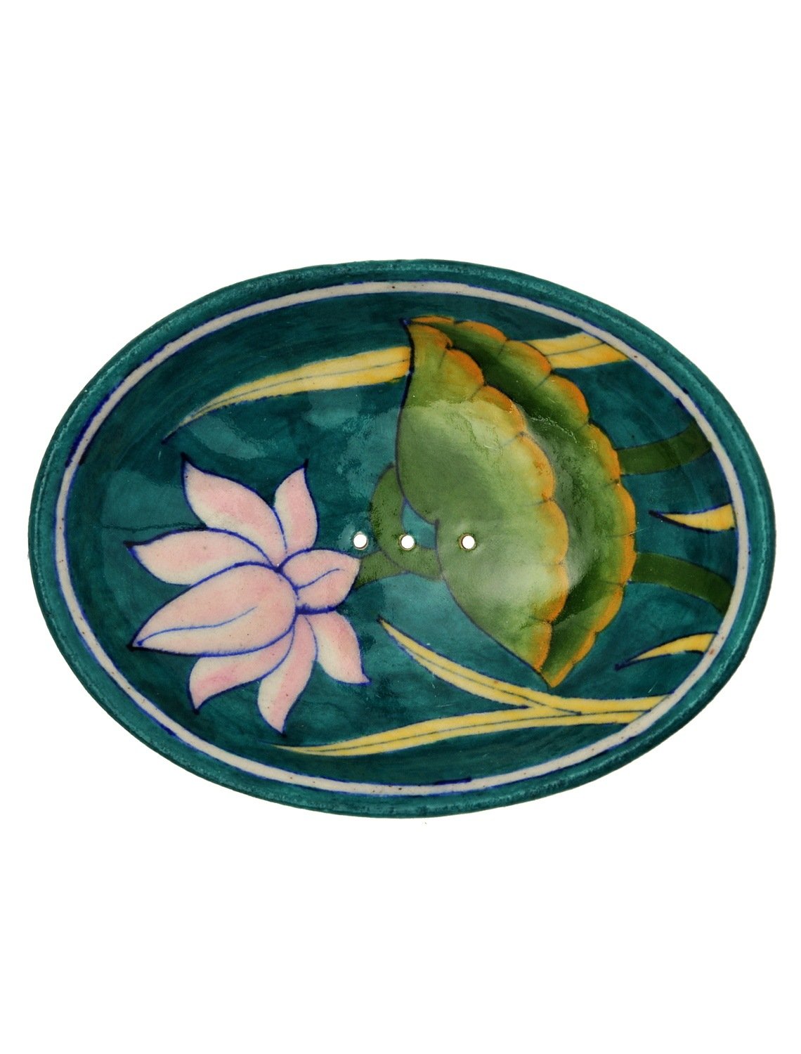 Hand painted ceramic soap dish india with drainage holes, 13 x 9.5 x 2 cm