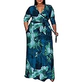 FANDEE Plus Size Maxi Dress Casual 3/4 Sleeve V-Neck Floral Flowy Long Dress with Belt