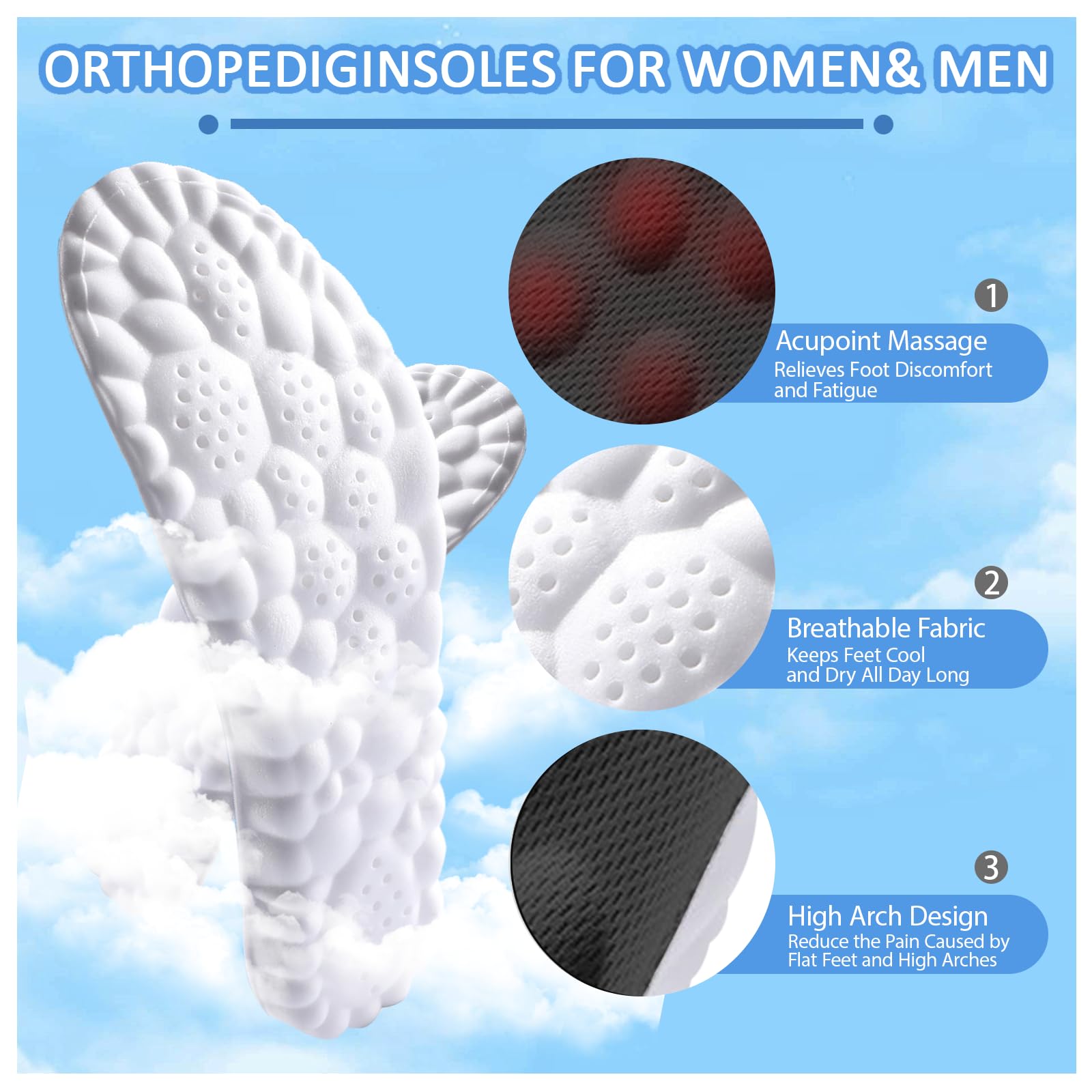 4D Cloud Insoles for Men and Women Memory Foam Cloud Insoles Super Soft Anti-Fatigue, Shock Absorption, Relieve Foot Pain, (Black, Men: US 7-11)