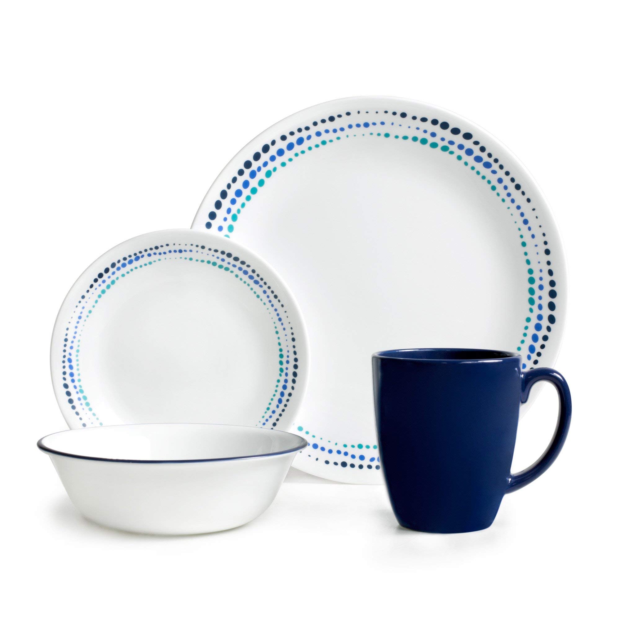 Corelle Vitrelle Glass Ocean Chip and Break Resistant Dinner Set, Set of 16, Blue