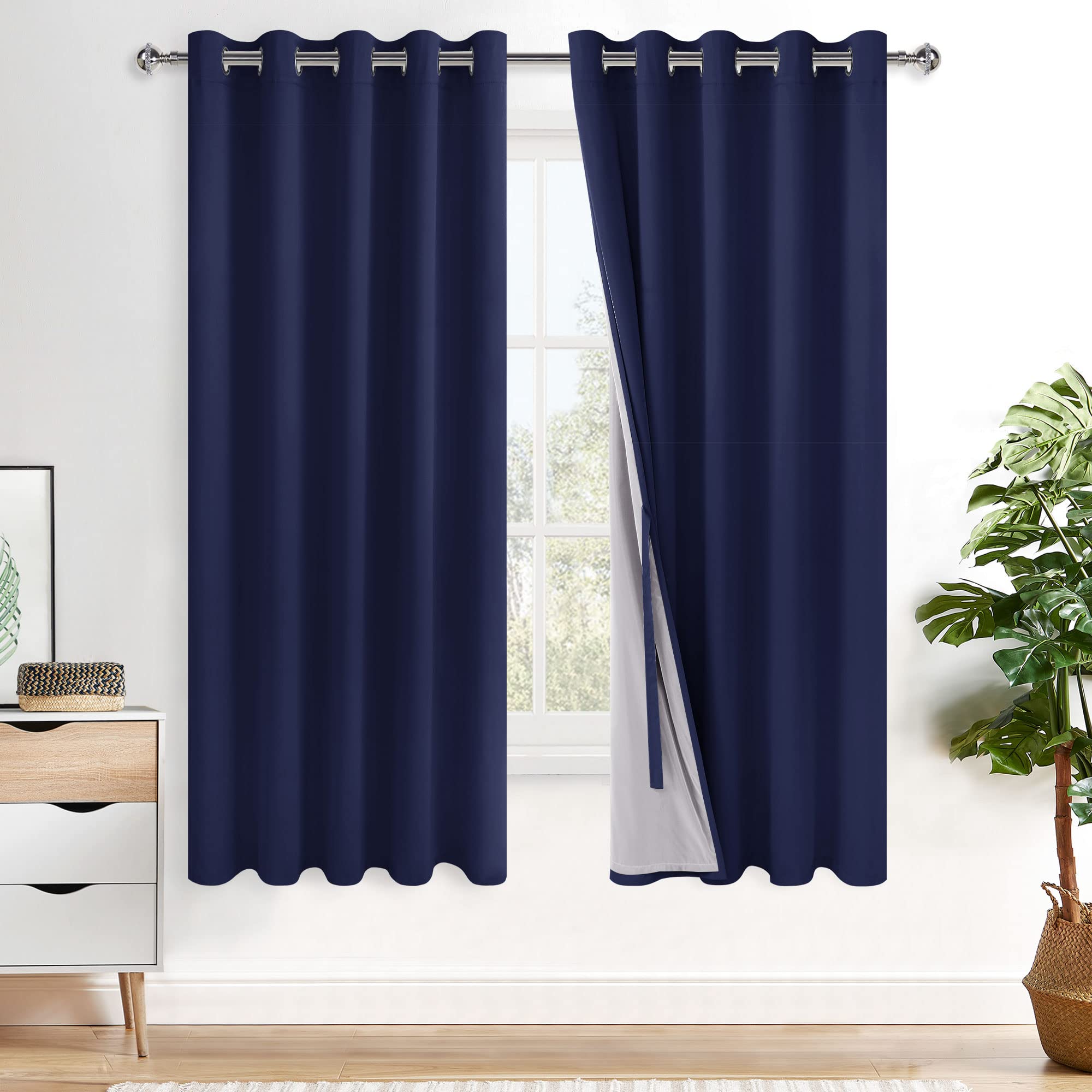XWZO Full Shading Blackout Curtains 63 Inches Length with Tiebacks- Heat and Light Blocking Ring Top Window Drapes with Black Liner Backing for Bedroom/Living Room, Navy Blue, W60 x L63, Set of 2 Image