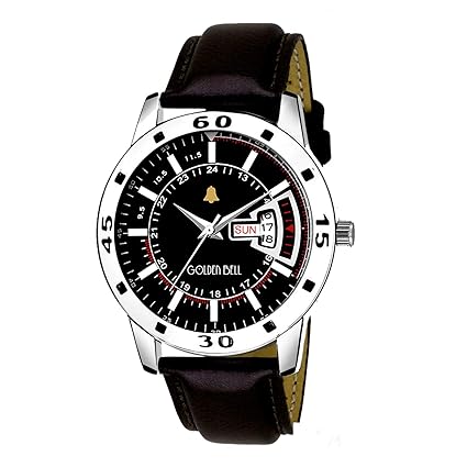 Golden Bell New Style Day and Date Calender Function Analogue Display Black Dial Black Leather Strap Boys and Mens Watch - GB-1188