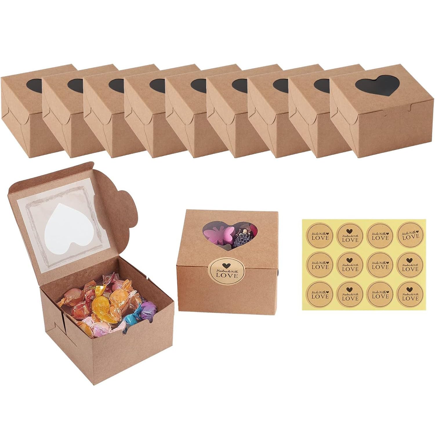 JOYSKY 10 Pcs Brown Cupcake Boxes Paper Cake Box Bakery Pastry Boxes with Windows and 12 Stickers Kraft Candy Boxes for Cupcakes Desserts Pastries Cookies Small Cakes Candy Pies & Gifts