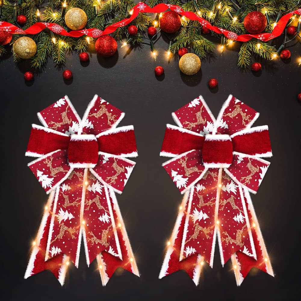 Bows & Ribbons - Estivaux 2 PCS LED Christmas Bows for Wreath, Christmas LED Wreath Bows Winter Holiday Snowflake Bows Red Velvet Bows Xmas Trees Bows for Front Door Merry Christmas New Year Decorations Suppies
