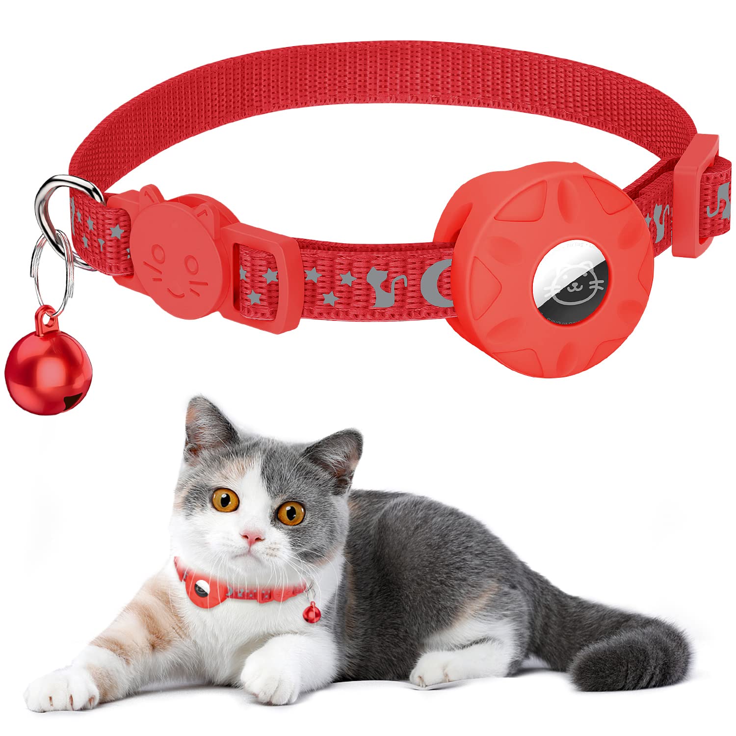 Airtag Cat Collar, Refective Collar for Cat with Safety Buckle and Waterproof Air Tag Holder in 3/8" Width, Cat Airtag Collar, Cat Collar Compatible with Apple Airtag for Cat Dog Kitten Puppy (red)
