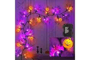 LEASEN 6 Ft 45 LED Halloween Willow Vine Twig Garland Decorations, 8 Modes Timer Waterproof Battery Operated Pumpkin & Bat Lights, Halloween Garland Decorations for Home Wall Fireplace Mantle Decor