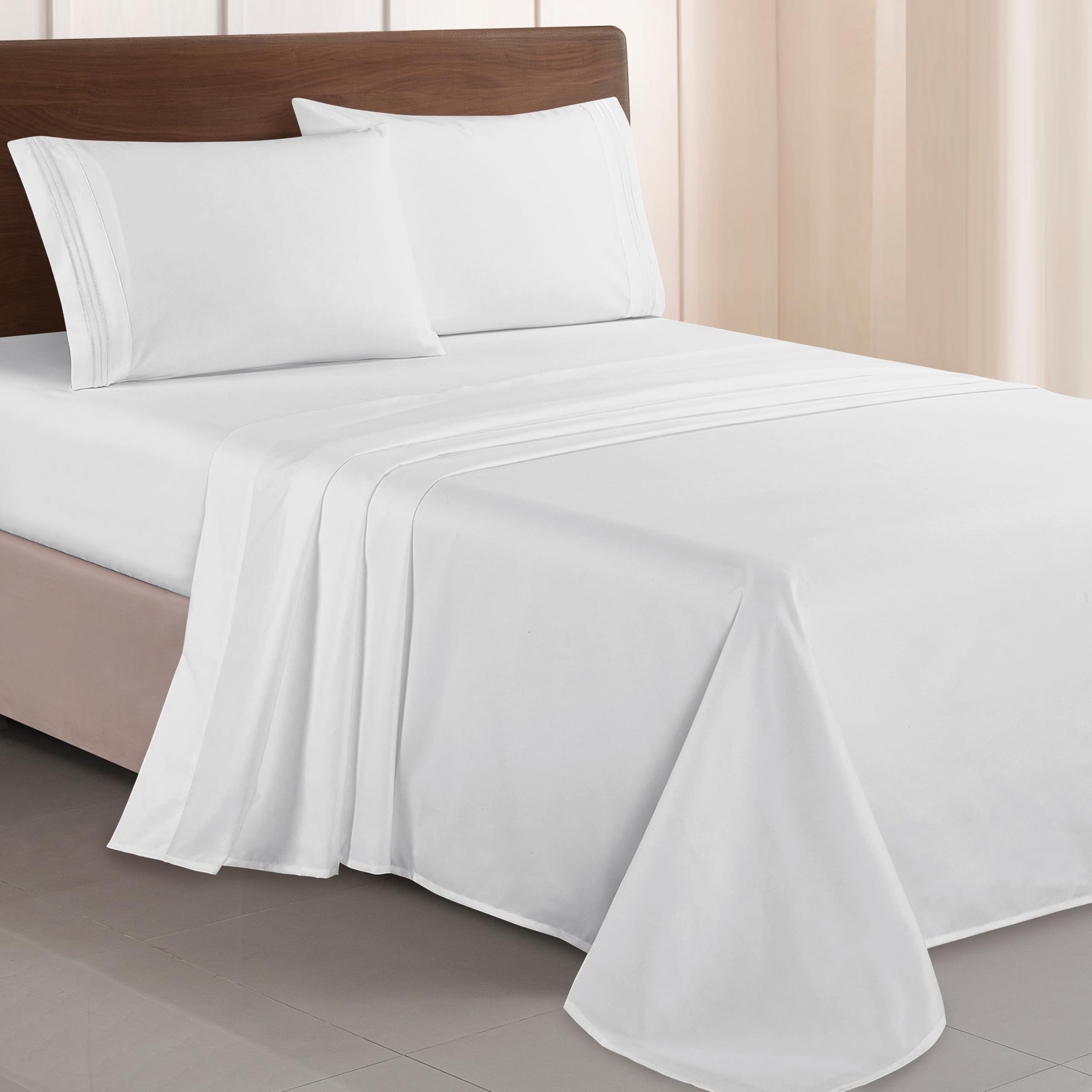 Elegant Comfort Luxurious 1500 Premium Hotel Quality Microfiber Three Line Embroidered Softest 4-Piece Bed Sheet Set, Wrinkle and Fade Resistant, Full, White