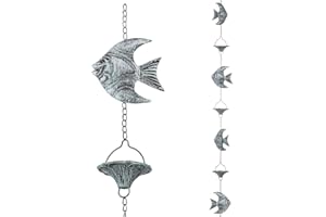 Jemeni 8.5' Length Fish & Bowl Rain Chains for Gutters Downspouts, Distressed Blue