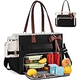 LOVEVOOK Lunch Bag, Tote Bag for Women with Insulated Lunch Compartment, Laptop Bag with Large Capacity & Cup Holder, Work Tote for Teacher, Nurse, Travel, College, Daily, Black-Beige-Brown, 15.6 Inch