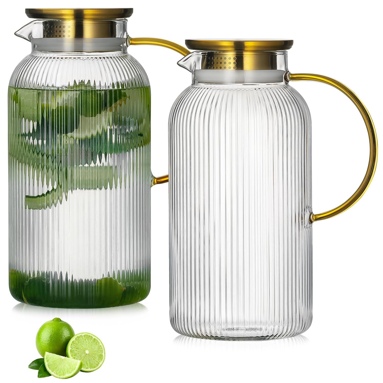 Photo 1 of **MISSING ONE**
Buaic 2 PACK Glass Pitcher with Lid, 68oz/ 2 Liter Classic Vertical Stripes Water Pitcher with Handle,Glass Water Carafe for Cold Brew, Coffee, Lemonade, Iced Sun Tea,Beverage,Heat Resistant