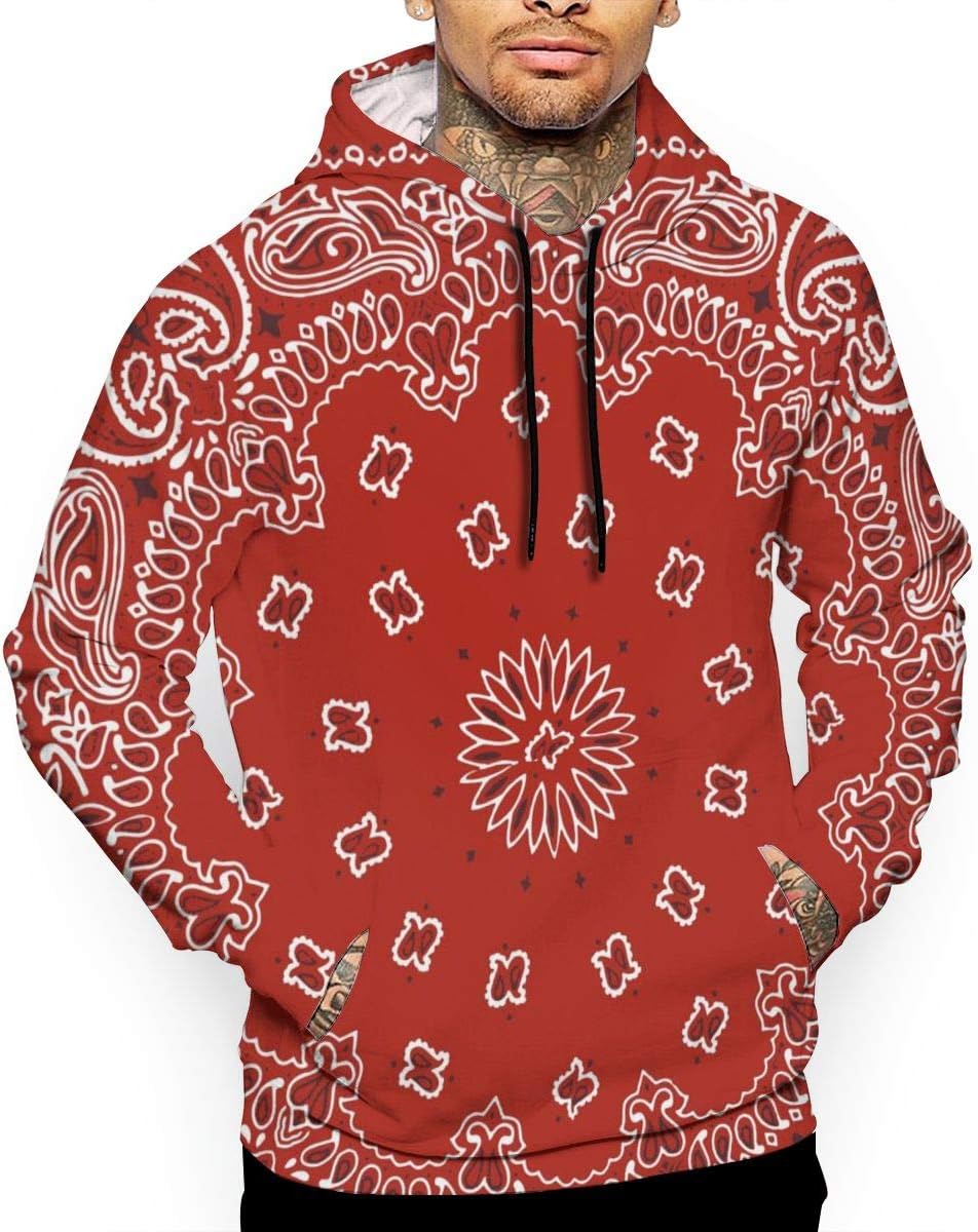 Men 3D Print Pullover Hoodie Red Bandana Pattern Sweatshirt with Front Pocket