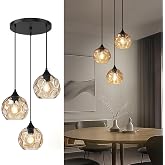 Emliviar 3-Light Cluster Pendant Lamp with Hammered Glass, Linear Barn Hanging Pendant Lighting for Dining Room in Amber Finish, DYE287G2-3 BK