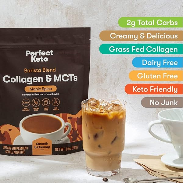 PERFECT KETO BARISTA BLEND COLLAGEN COFFEE CREAMER POWDER WITH MCT OIL, DAIRY FREE, LOW SUGAR, GRASS FED HEALTHY CREAMER FOR KETOGENIC DIET, ENERGY AND HEALTHY SKIN, HAIR AND NAIL SUPPORT, MAPLE SPICE