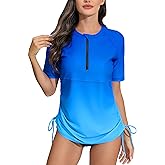Halcurt Women's Half Zip Short Sleeve Rash Guard Swim Shirt with Tie Drawstring UPF50+ Swimsuit Top
