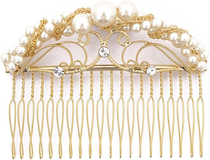 Amazon Co Jp ソウビエン ヘアアクセサリー 金色 ゴールド 唐草 螺旋 鎖 チェーン フェイクパール ラインストーン コーム 髪飾り 髪留め 日本製 服 ファッション小物