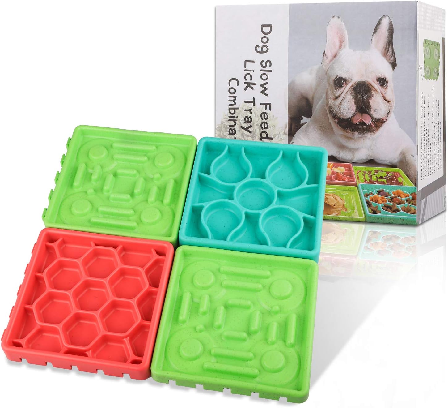 Pet Slow Feeder Bowl & Lick Mat Pad for Cats Dogs Non Slip Puzzle Bowl with Super Suction Cups, 4PCS Healthy Design Slower Feeder Dishes, For Grooming, Anxiety, Wash Your Buddy And Doggie Training