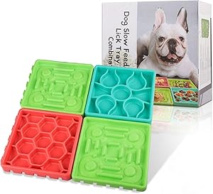 Pet Slow Feeder Bowl & Lick Mat Pad for Cats Dogs Non Slip Puzzle Bowl with Super Suction Cups, 4PCS Healthy Design Slower Feeder Dishes, For Grooming, Anxiety, Wash Your Buddy And Doggie Training