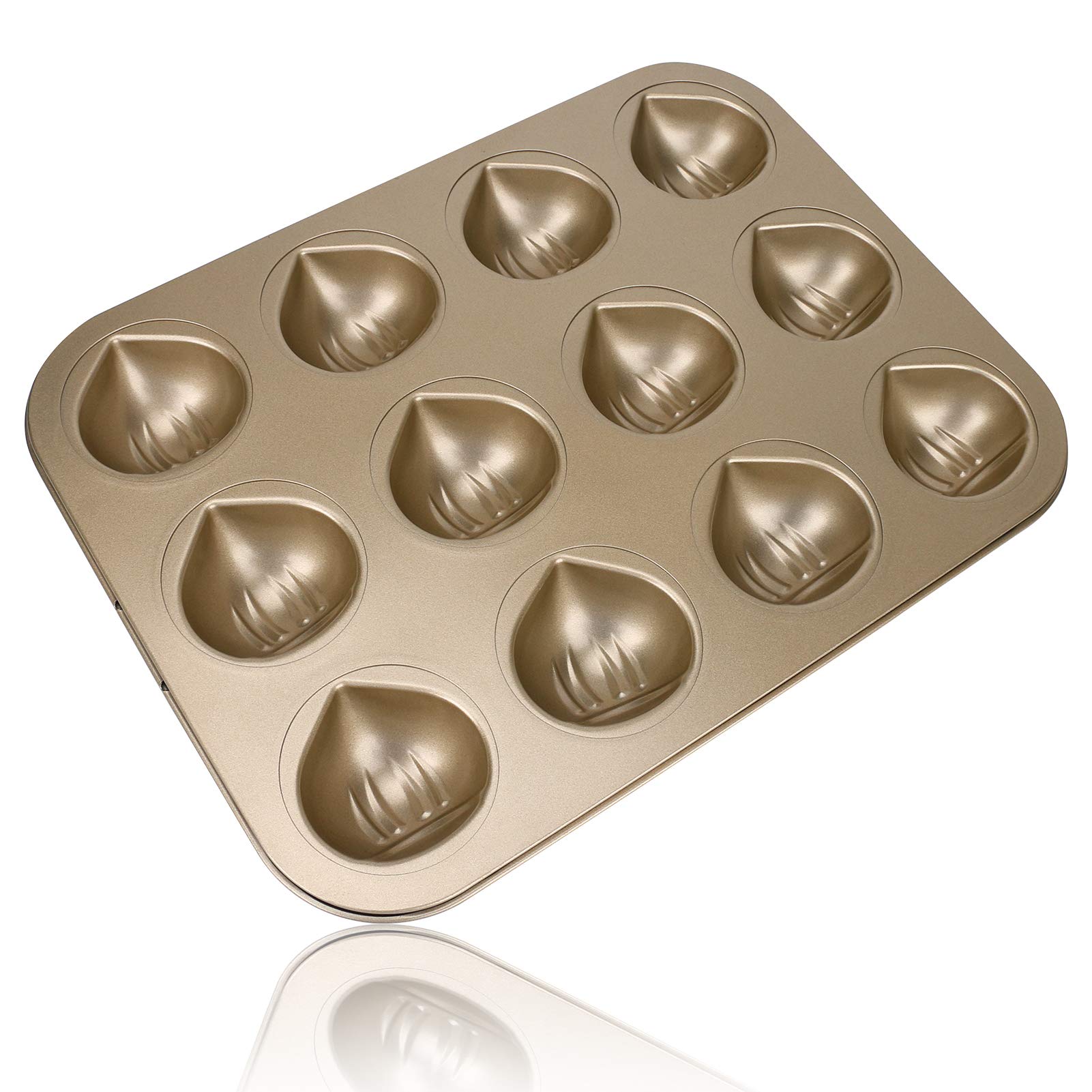 Muffin Cake Baking pan, CestMall 12-Cavity Non-Stick Chestnut-Shaped Stainless Steel Bakeware Quick Release Cake Muffin Bake Pan for Oven Baking Pudding Dessert(Champagne Gold)