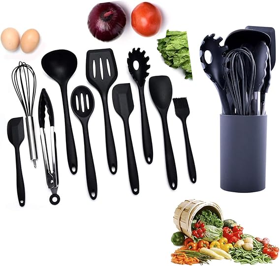 Silicone Kitchen Utensils Set with Black Kitchen Utensil Holder (Black